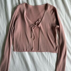Women's Pink Ribbed Tie-Front Top